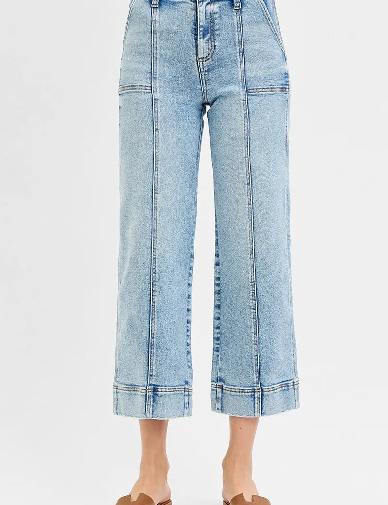 LIGHT RISEN Full Size High Rise Crop Wide Front Seam Detailed Jeans | Jeans Daverri Fashions