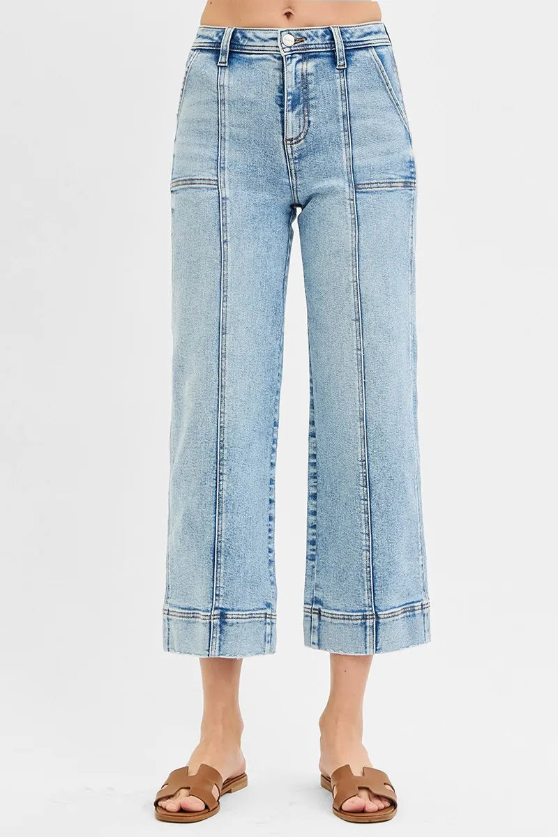 RISEN Full Size High Rise Crop Wide Front Seam Detailed Jeans LIGHT Jeans