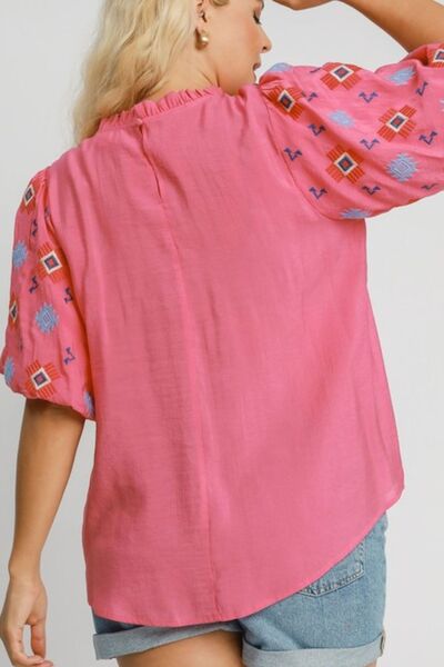 Umgee Full Size Embroidered Puff Sleeve Mock Neck Top Plus Size Tops