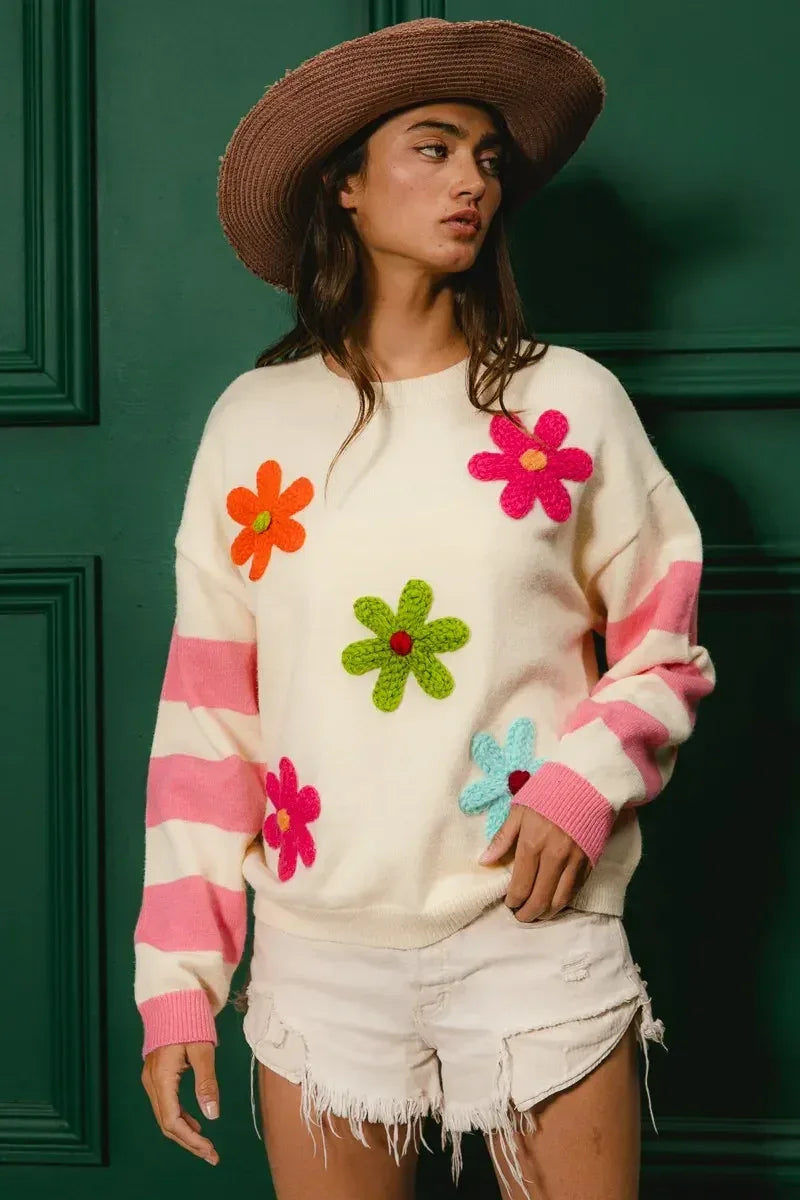 BiBi Colorful Floral Patched Sweater with Striped Sleeve - DAVERRI FASHIONS