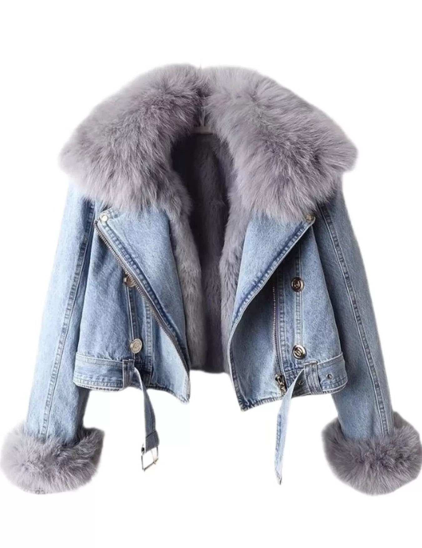 Blue Full Size Faux Fur Collar Denim Jacket Plus Size | Jackets Daverri Fashions