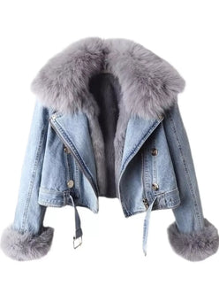 Full Size Faux Fur Collar Denim Jacket Plus Size - DAVERRI FASHIONS