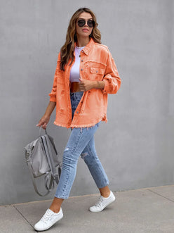 Distressed Drop Shoulder Denim Jacket - DAVERRI FASHIONS