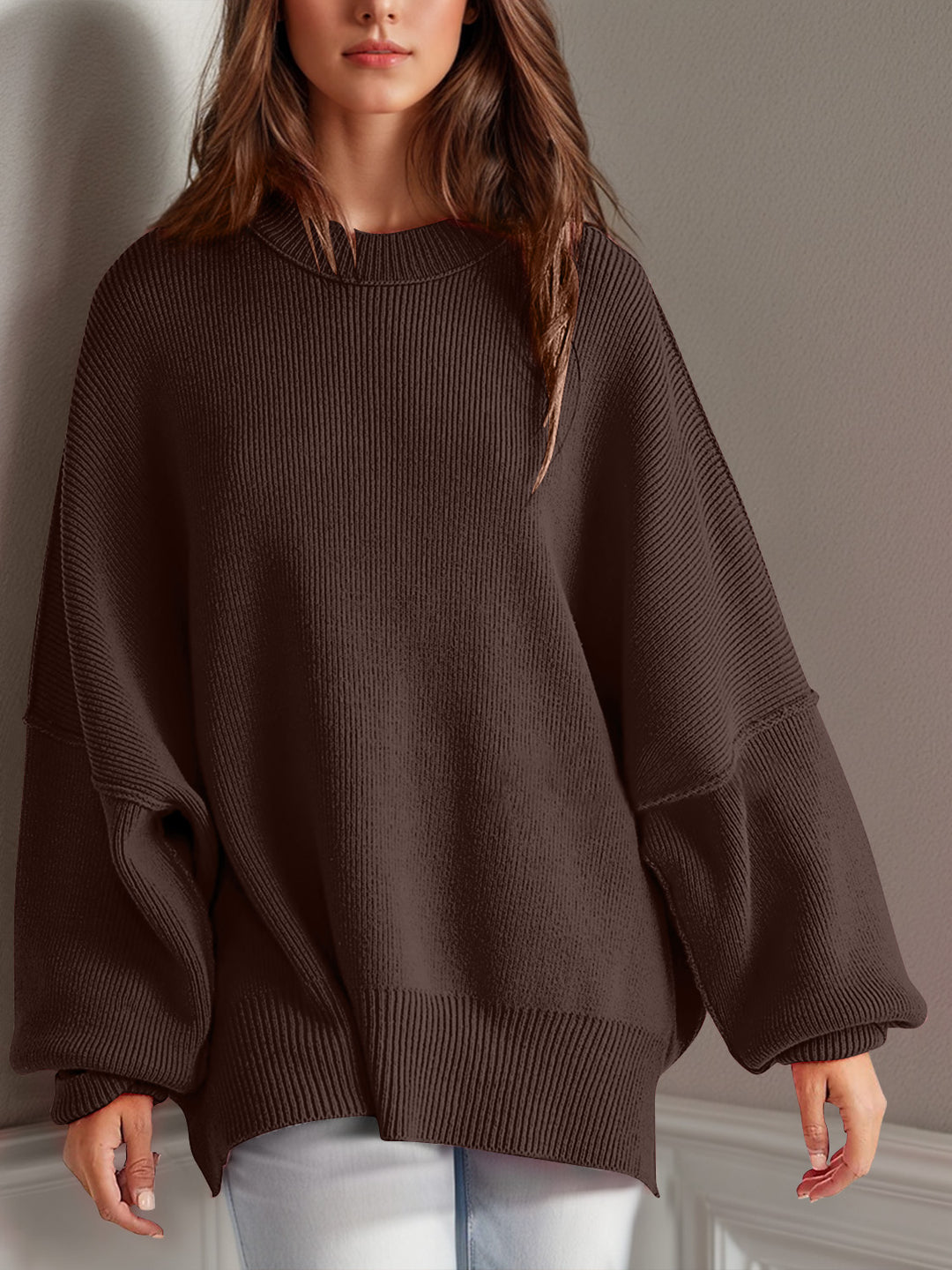 Side Slit Round Neck Long Sleeve Sweater Dark Brown Tops