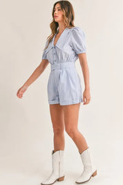 MABLE Striped Puff Sleeve Collared Neck Romper | Rompers Daverri Fashions
