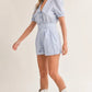 MABLE Striped Puff Sleeve Collared Neck Romper Rompers