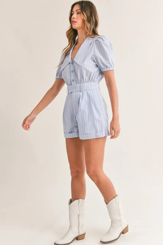 MABLE Striped Puff Sleeve Collared Neck Romper Rompers