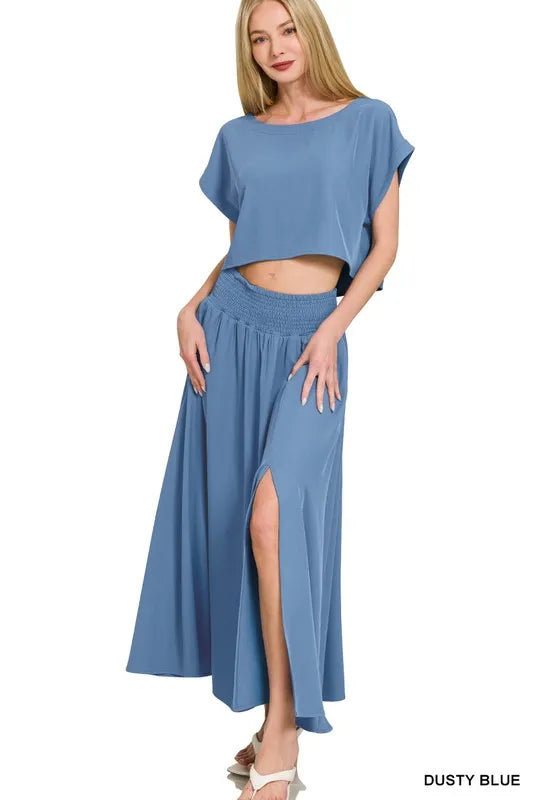 Zenana Woven Crinkle Gauze Crop Tee and Skirt Set Outfit Sets