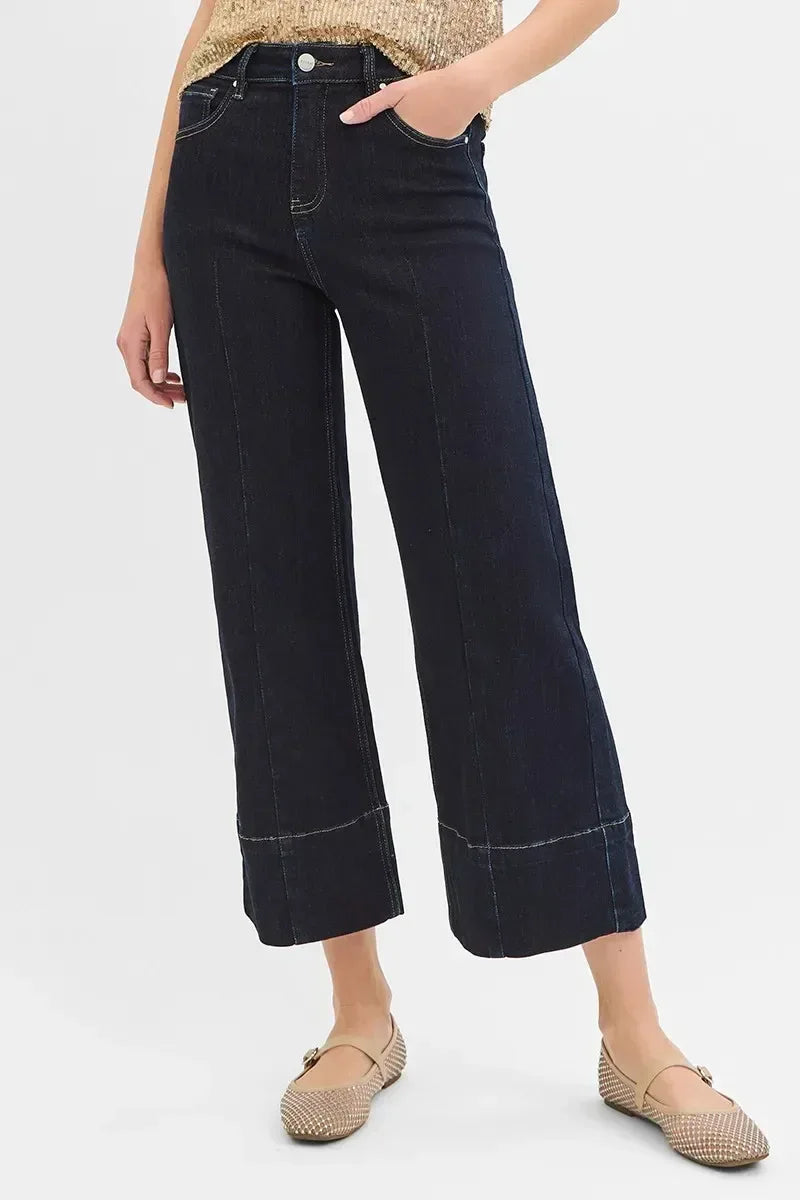 RISEN Tummy Control High Rise Crop Wide Seam Detailed Jeans - DAVERRI FASHIONS