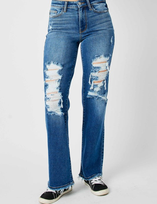 Medium Judy Blue Full Size Mid Rise Distressed Raw Hem Jeans | Daverri Fashions