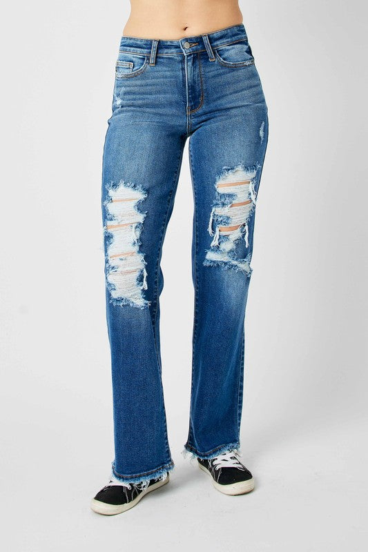 Judy Blue Full Size Mid Rise Distressed Raw Hem Jeans Medium
