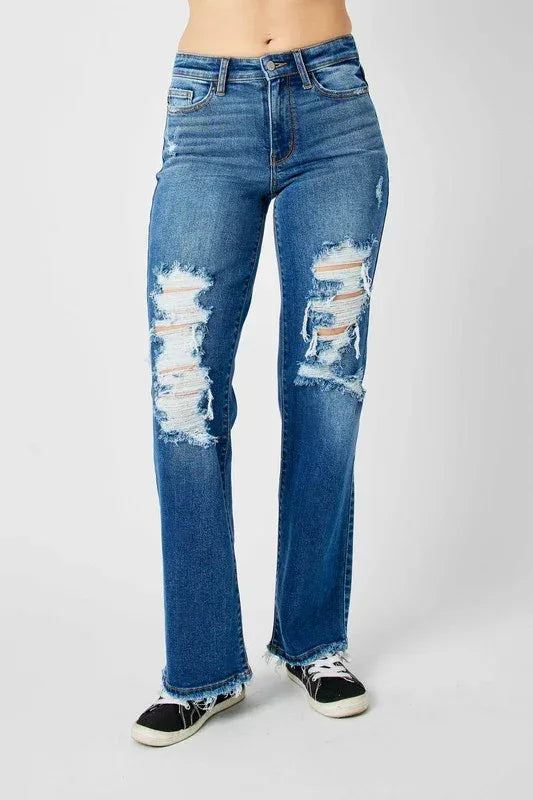 Judy Blue Full Size Mid Rise Distressed Raw Hem Jeans - DAVERRI FASHIONS