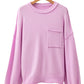 Pink raw edge ribbed drop shoulder knit sweater with patch pocket