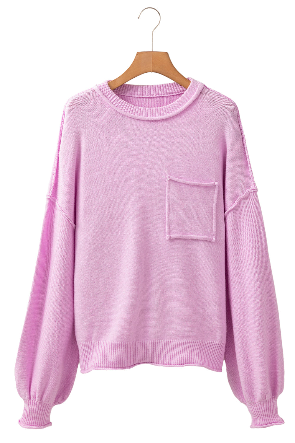 Pink raw edge ribbed drop shoulder knit sweater with patch pocket