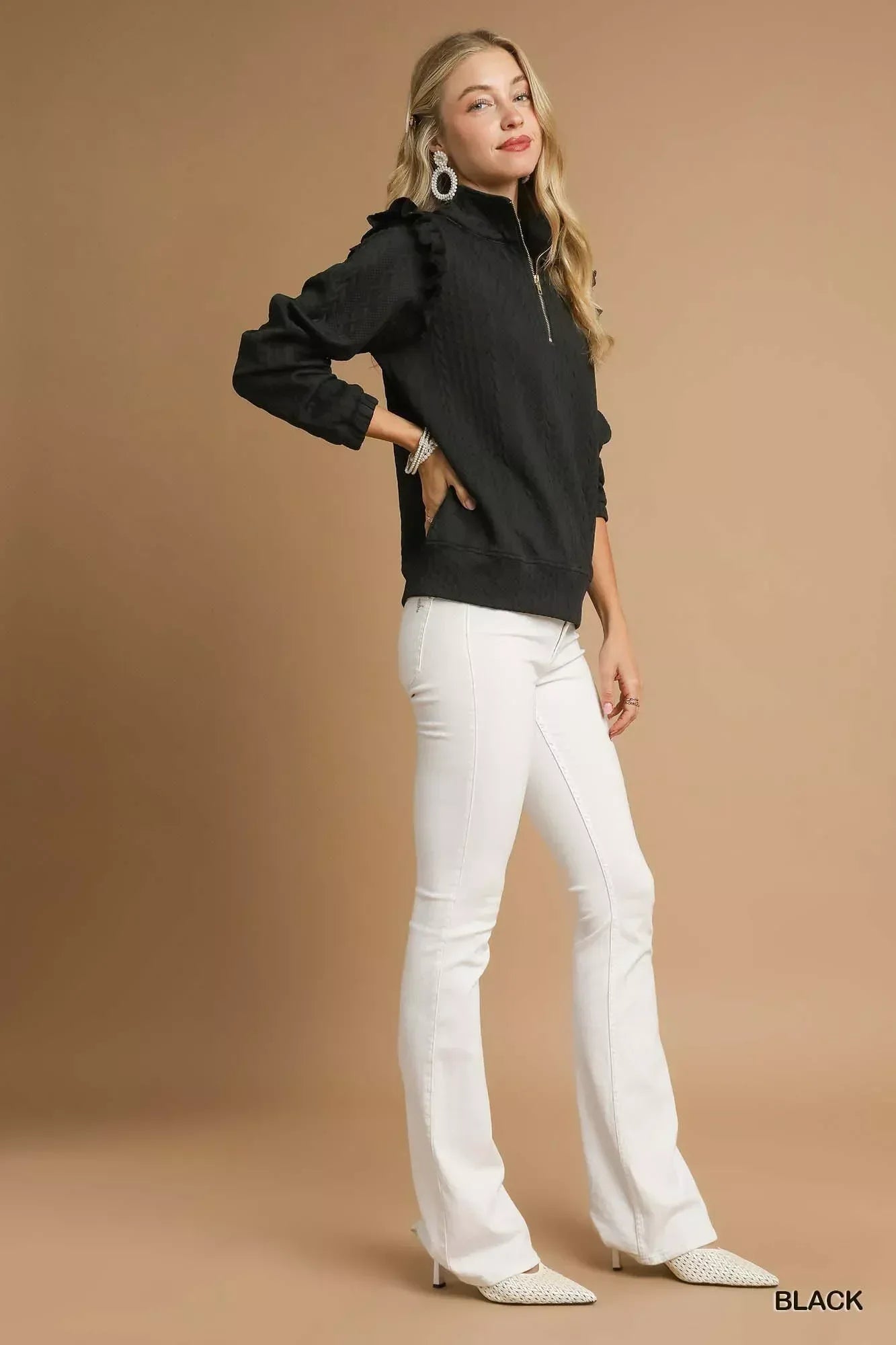 Umgee Cable Knit Textured Pullover with Ruffle Shoulders - DAVERRI FASHIONS