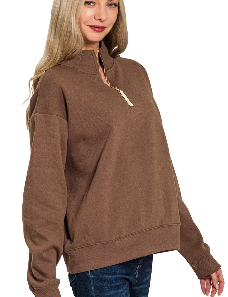 Zenana Fleece Half Zip Sweatshirt Brown | Sweatshirts Daverri Fashions