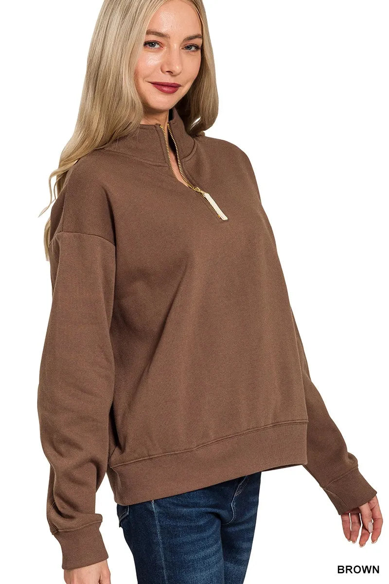 Zenana Fleece Half Zip Sweatshirt Brown | Sweatshirts Daverri Fashions