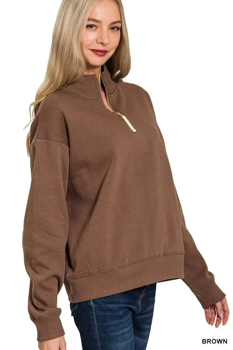 Zenana Fleece Half Zip Sweatshirt Brown - DAVERRI FASHIONS