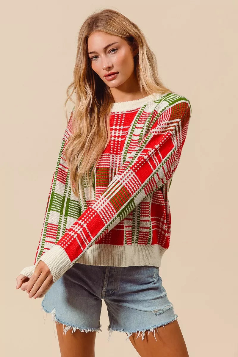 SO ME Christmas Color Checkered Plaid Crew Neck Sweater | Sweaters Daverri Fashions
