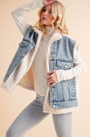 Aemi + Co Fake Two Pieces Denim Patch Sherpa Vest Coat