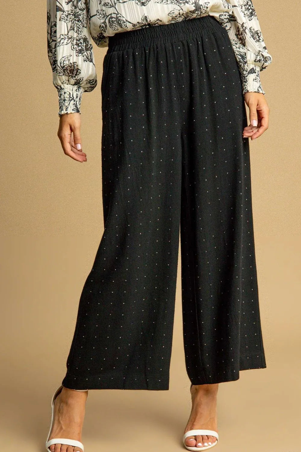 Umgee high-waisted embellished linen pants in black with metallic dots