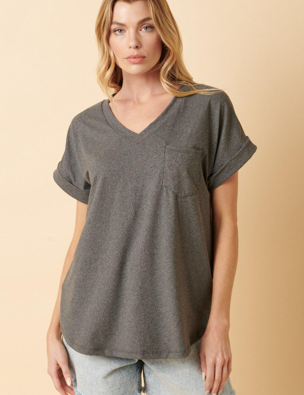 Mittoshop Full Size V-Neck Rolled Short Sleeve T-Shirt Charcoal