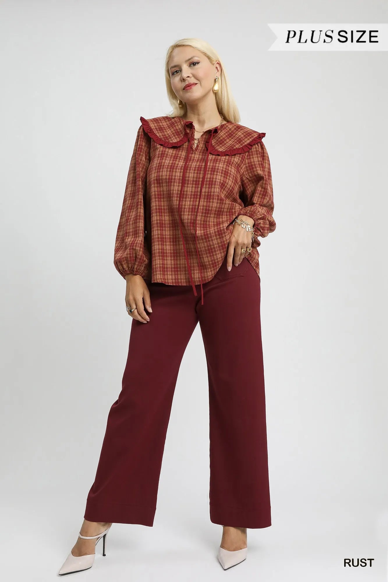 Umgee Full Size Plaid Ruffle Collar Blouse Plus Size | Blouses Daverri Fashions