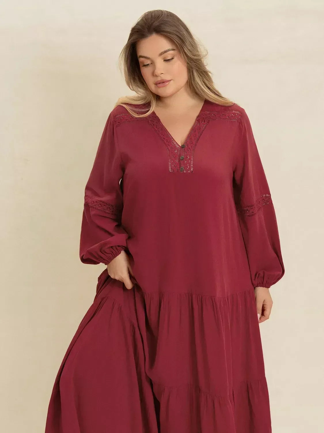 Plus Size Bohemian Tiered Maxi Dress with Balloon Sleeves - DAVERRI FASHIONS