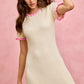 SO ME cream ribbed knit mini dress with pink ruffled trim