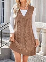 Camel Lovelet Cable Knit V-Neck Mini Sweater Overall Dress | Mini Dresses Daverri Fashions