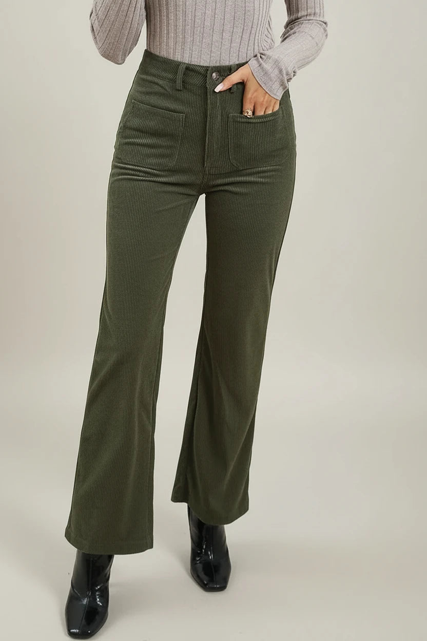 Womens high waist olive green corduroy flare pants with square pockets