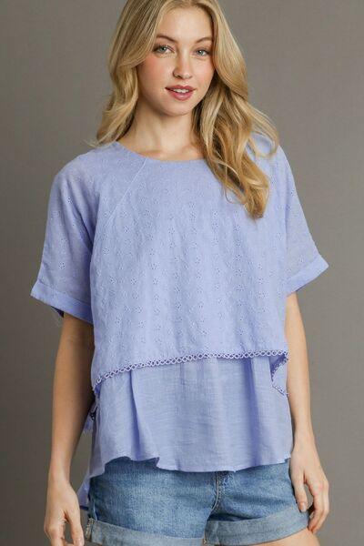 Umgee Full Size Eyelet Layered Short Sleeve Blouse Plus Size Light Blue Blouses