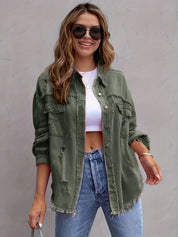 Distressed Drop Shoulder Denim Jacket | Denim Jackets Daverri Fashions