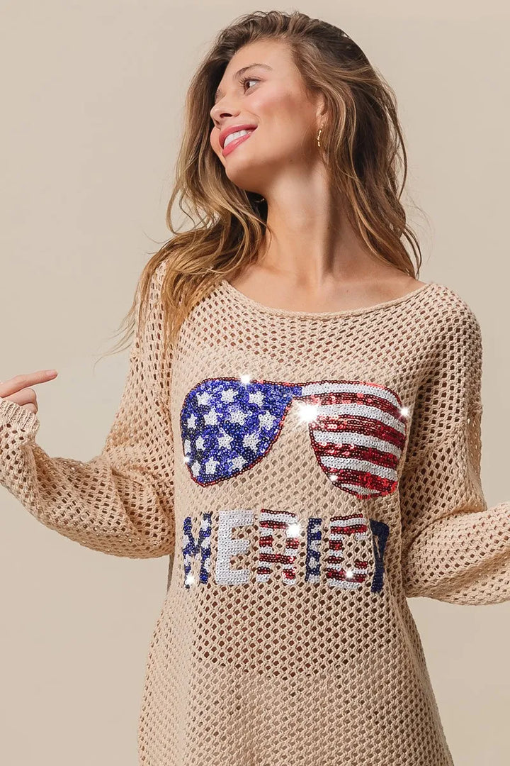 BiBi Sequin American Flag Sunglasses Knit Top Tops