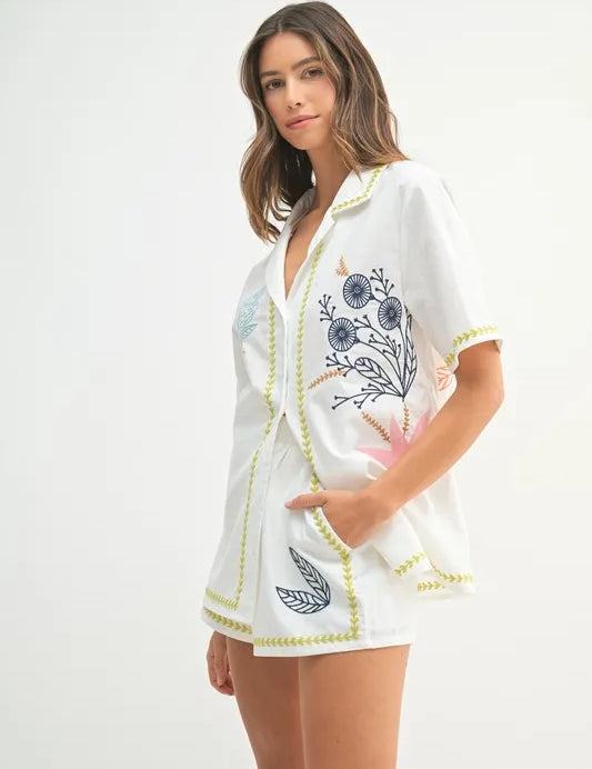 MABLE Embroidered Button Down Shirt and Shorts Set | Outfit Sets Daverri Fashions