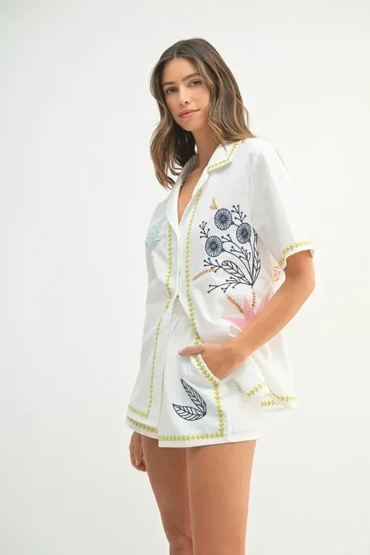 MABLE Embroidered Button Down Shirt and Shorts Set - DAVERRI FASHIONS