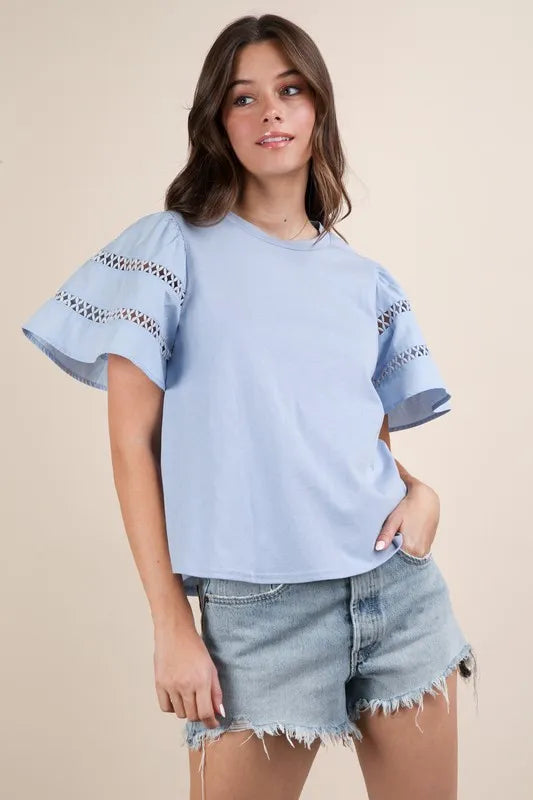 VERY J Lace Trim Sleeve Top Sky