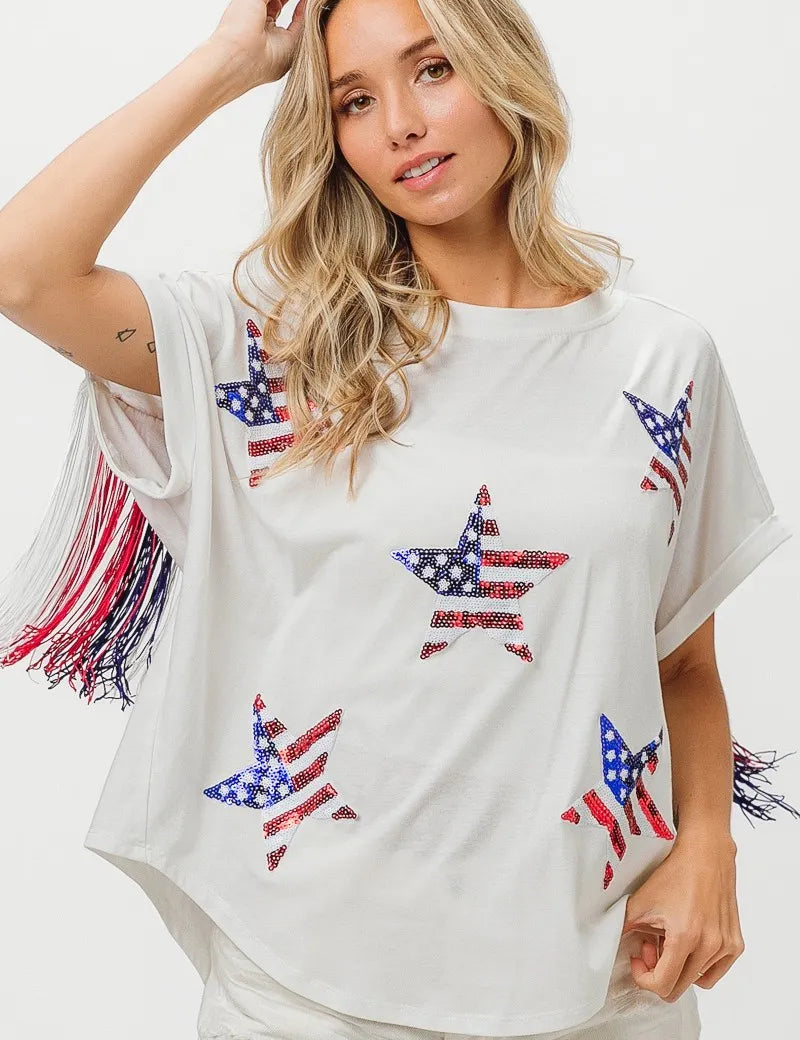 OFF WHITE BiBi American Flag Sequin Star Fringe Top | Tops Daverri Fashions