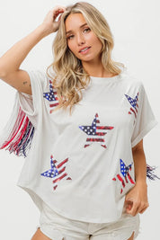 OFF WHITE BiBi American Flag Sequin Star Fringe Top | Tops Daverri Fashions