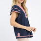 Umgee linen ruffle sleeve top in navy blue with pink trim