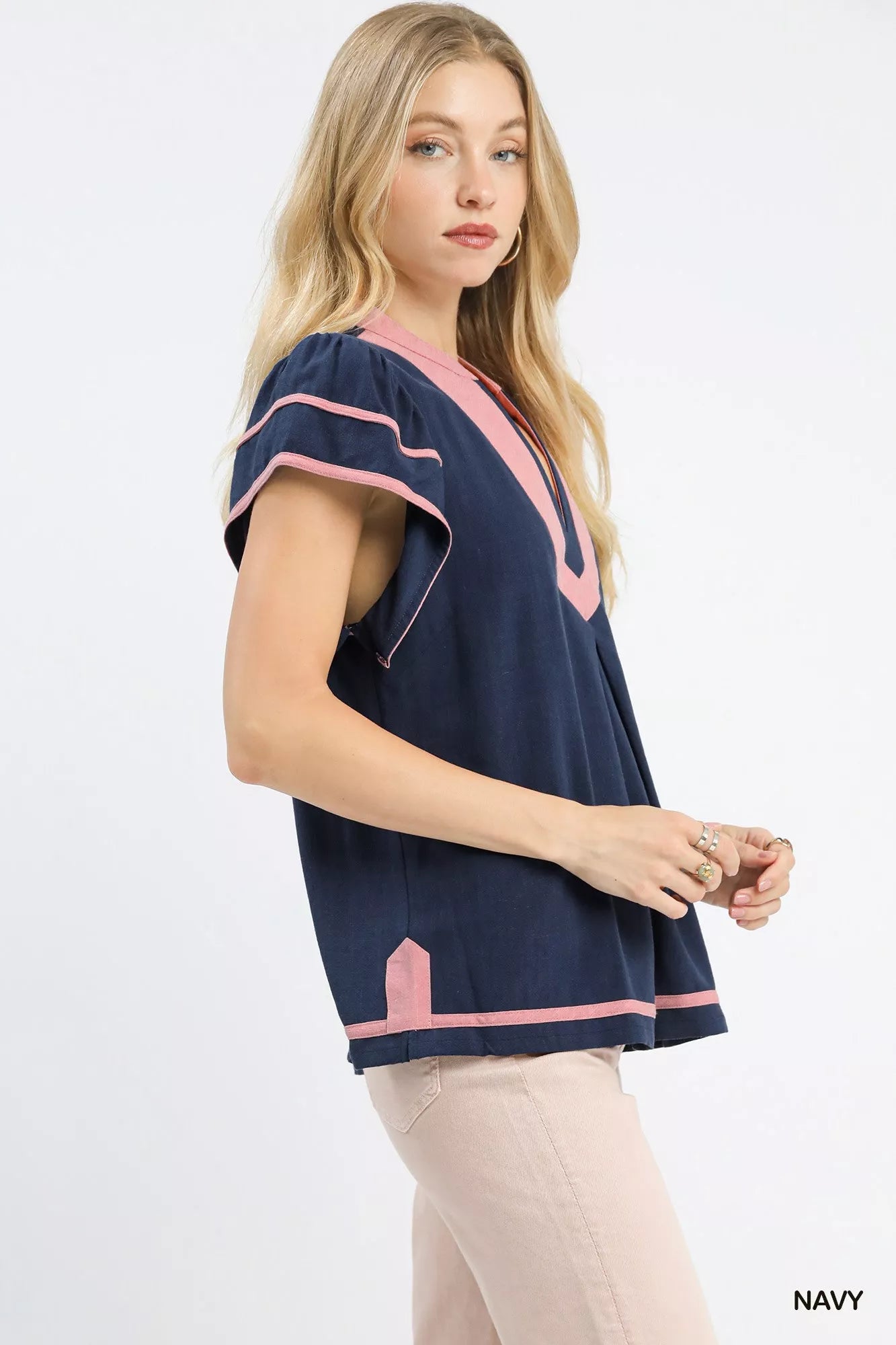 Umgee linen ruffle sleeve top in navy blue with pink trim