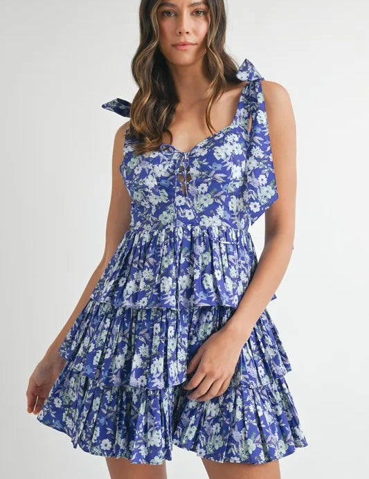 Royal Blue MABLE Floral Print Shoulder Tie Layered Mini Dress | Daverri Fashions