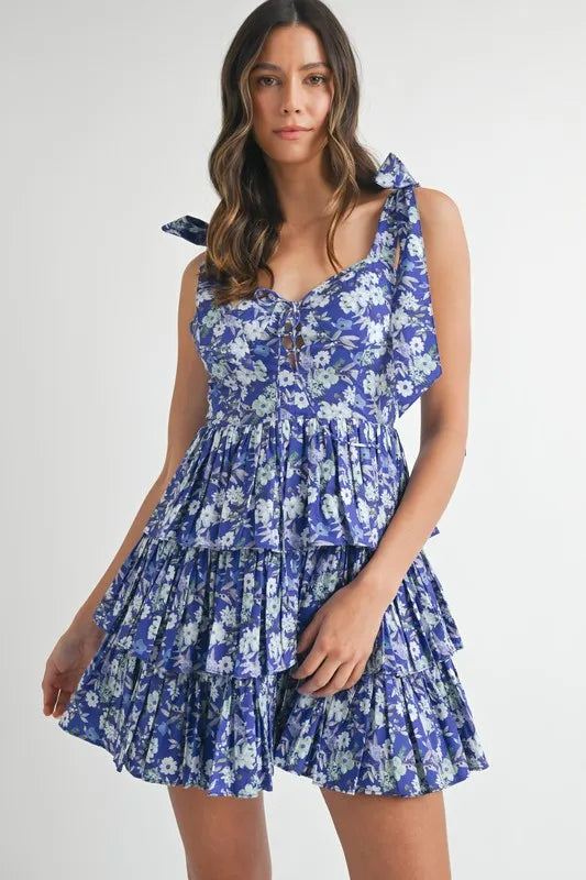 MABLE Floral Print Shoulder Tie Layered Mini Dress Royal Blue