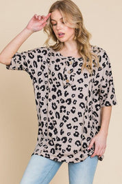 BOMBOM Button Detail Exposed Seam Leopard Half Sleeve Top | Tops Daverri Fashions