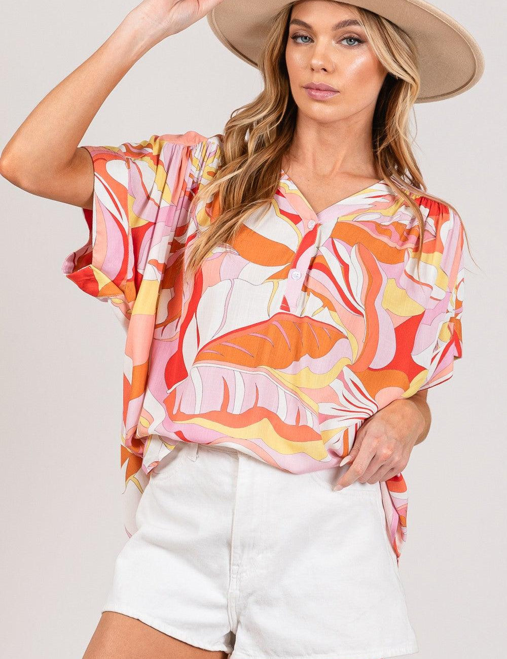 SAGE + FIG Abstract Print Half Button Blouse CORAL Shirts & Tops