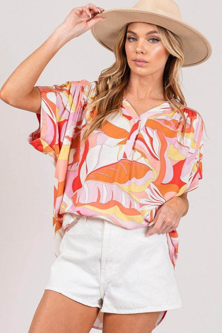 SAGE + FIG Abstract Print Half Button Blouse CORAL