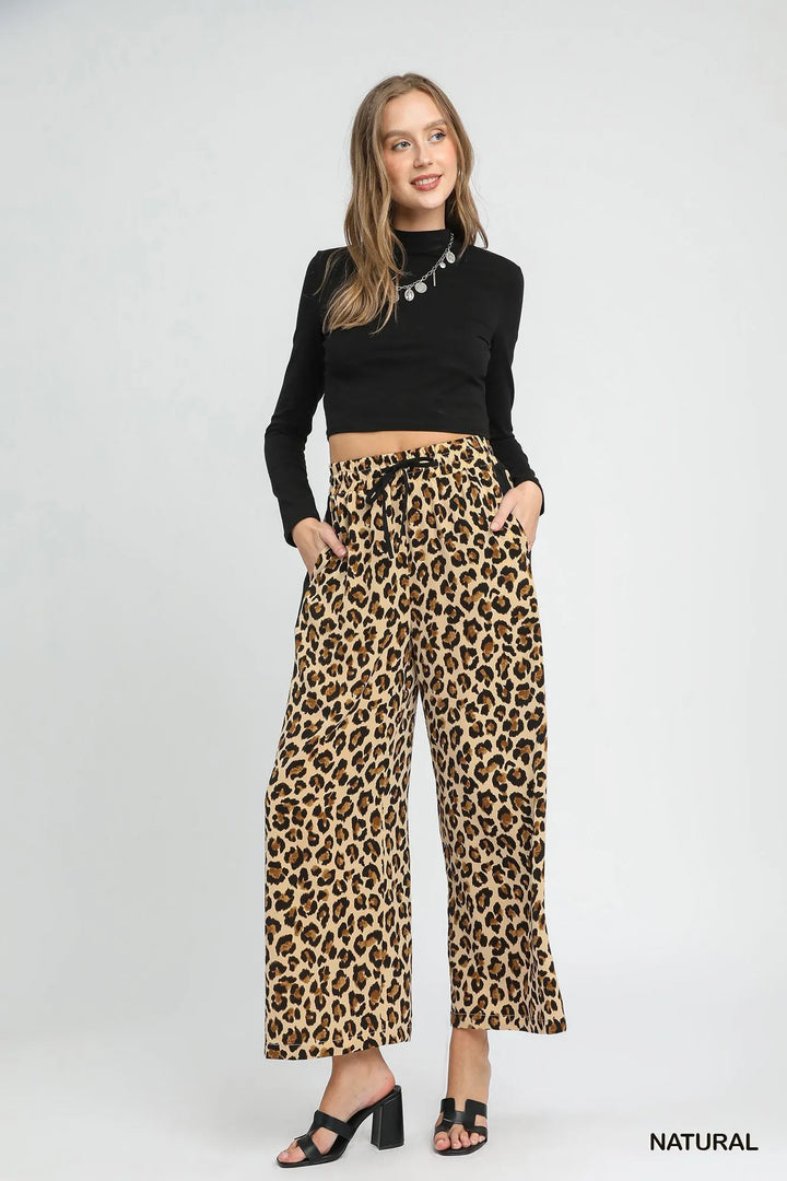 Umgee Leopard Print Wide-Leg Drawstring Pants Pants