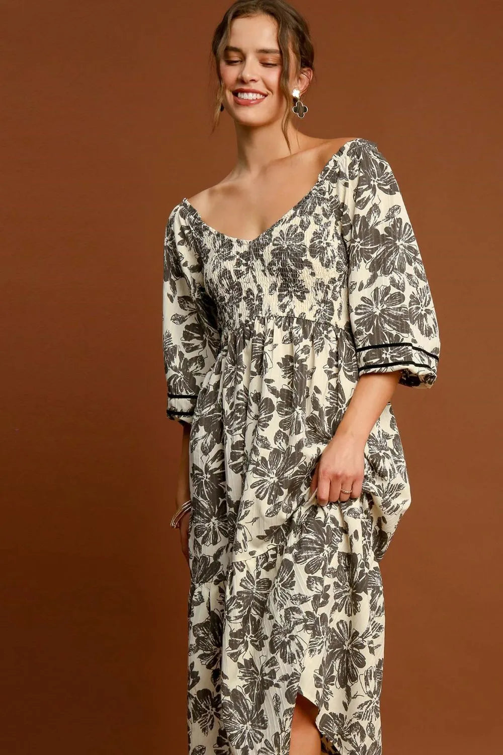 Umgee Ruffle Hem Flower Printed V-Neck Dress | Daverri Fashions