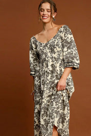 Umgee Ruffle Hem Flower Printed V-Neck Dress | Daverri Fashions