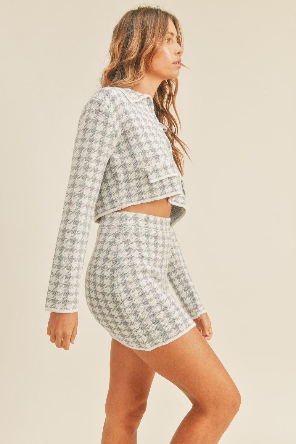 MABLE Houndstooth Cropped Knit Cardigan and Mini Skirt Set Outfit Sets